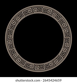 Quadro redondo grego dourado no plano de fundo preto. Meandro grego. Padrões da Grécia Antiga, antigo Império Romano. Circular a fronteira europeia. Motivos típicos egípcios, assírios e gregos. Modelo para design