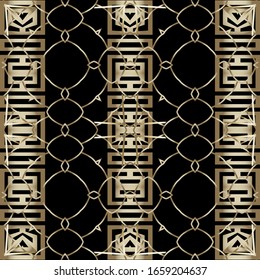 Vector de borde dorado estilo griego sin problemas. Fondo ornamento dorado. La clave griega serpentea las fronteras. Fondo de repetición de cuadrícula. Lujoso adorno de encaje. Diseño de encaje ornamentado geométrico. Textura sin fin.