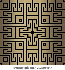Gold Griechen Stil nahtlos Muster. Zierlich, Vektorgoldener Hintergrund. Wiederholen Sie moderne strukturierte Ornamente. Das trendige Design im ethnischen Stil eines Stammes. Abstrakter, orangefarbener Hintergrund. Griechischer Schlüssel, Mäander, Mazen.