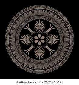 Vetor grego dourado padrão redondo sobre fundo preto. A chave grega medeia ornamentos. Círculo da Grécia Antiga, Império Romano. Padrão de pintura bizantino. Decoração para palácios europeus, cerâmica, textil