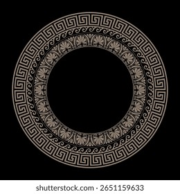 Vetor grego dourado padrão redondo sobre fundo preto. A chave grega é sinuosa. Ornamento geométrico em círculo. Padrões da Grécia e da Roma Antiga. Padrão de vetor grego. Motivos típicos egípcios, assírios e gregos