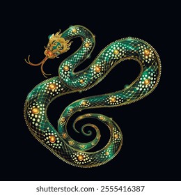 Gold green 3d ornamental festive chinese snake with floral patterned textured skin. Happy Chinese new year 2025 snake Zodiac sign, year of the Snake. Luxury ornate abstract trendy surface snake.