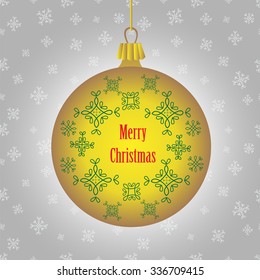 Gold and green christmas ornament ball xmas decorations with snowflakes on white background. Holiday Design for New Year Greeting Cards, Posters and Flyers. Vector. 2016