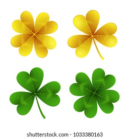 Gold and green clover leaves isolated on white background.St. Patrick Day shamrock and four-leafed traditional Irish symbols of luck, wealth and celebration. Vector illustration