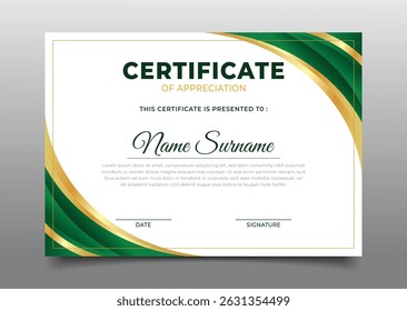 gold and green curve business Certificate of appreciation template premium design