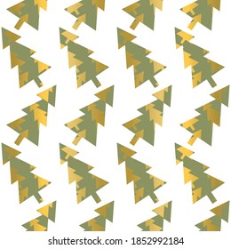 Gold and green dancing Christmas trees. Seamless vector pattern for wrapping paper, interior decoration and stationary. 