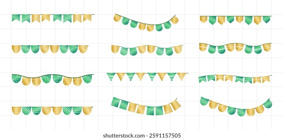 Gold and Green Decorative Flag Banner Set Collection. Festive Bunting Flag and Ribbon Flags for Birthday Celebrations, Parties, Festivals, and Events Decoration. Colorful Bunting Flags Vector Element.