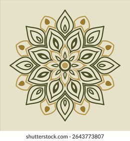 Um design de mandala floral dourado e verde é apresentado em um fundo branco, tornando-o adequado para elementos decorativos, convites e estacionários.