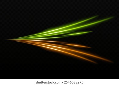 Oro y luz verde resplandor haz. Un reflejo de haz curvado agudo. Diseños de ciencia ficción, transiciones de luz, efectos futuristas. Rayas de luz brillante, efectos de neón. Fondo de Fondo de pantalla de brillo dinámico