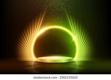 Gold green podium for product presentation vector illustration. Abstract empty golden award platform with neon glowing round frame, rays, glitter confetti sparkle rain falling from above background.
