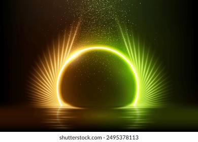 Gold green round frame for product presentation vector illustration. Abstract empty golden award surface with neon glowing circle, rays, glitter confetti sparkle rain falling from above background.