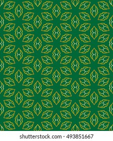 Gold and green seamless geometric line pattern in arabian style, ethnic ornament. Endless hexagonal texture for wallpaper, banners, invitation cards. Golden lace graphic background