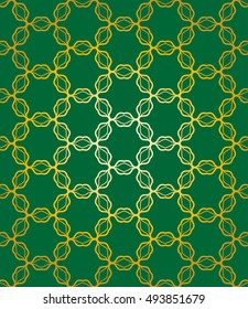 Gold and green seamless geometric line pattern in arabian style, ethnic ornament. Endless hexagonal texture for wallpaper, banners, invitation cards. Golden lace graphic background