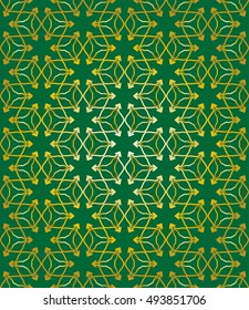 Gold and green seamless geometric line pattern in arabian style, ethnic ornament. Endless hexagonal texture for wallpaper, banners, invitation cards. Golden lace graphic background