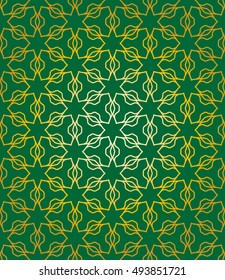 Gold and green seamless geometric line pattern in arabian style, ethnic ornament. Endless hexagonal texture for wallpaper, banners, invitation cards. Golden lace graphic background