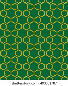 Gold and green seamless geometric line pattern in arabian style, ethnic ornament. Endless hexagonal texture for wallpaper, banners, invitation cards. Golden lace graphic background