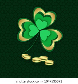 Gold and green shamrock and coins. St. Patrick's Day. Vector illustration. Eps 10