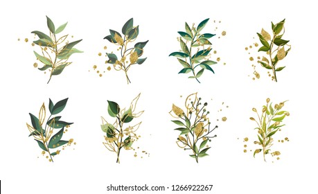 Gold green tropical leaves wedding bouquet with golden splatters isolated on white background. Floral vector illustration arrangement in watercolor style. Botanical art design