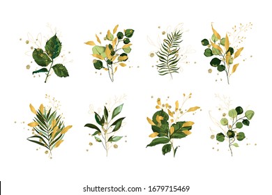 Gold green tropical leaves wedding bouquet with golden splatters isolated on white background. Floral foliage vector illustration arrangement in watercolor style. Botanical art design