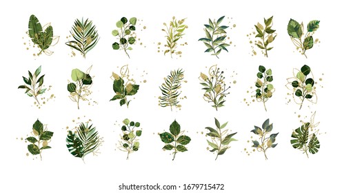 Gold green tropical leaves wedding bouquet with golden splatters isolated on white background. Floral foliage vector illustration arrangement in watercolor style. Botanical art design