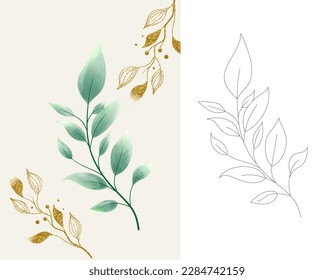 Gold green tropical leaves wedding bouquet with golden splatters isolated on white background. Floral vector illustration arrangement in watercolor style. Botanical art design