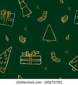 Gold and green vector seamless pattern with christmas tree, gifts, socks. Doodle style for decoration, wrapping, invitation card.