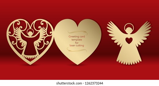 Gold greeting card with an angel for laser cutting. Template carving pattern for cards, invitations to the Day of lovers, wedding, Angel Day. Cutting through paper, cardboard. Vector.