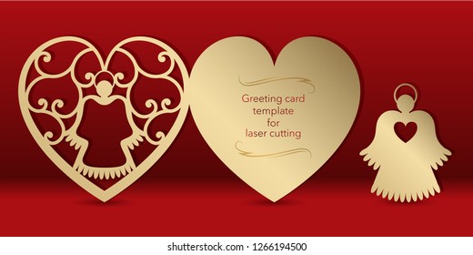 Gold greeting card with an angel for laser cutting. Template carving pattern for cards, invitations to the Day of lovers, wedding, Angel Day. Cutting through paper, cardboard. Vector.