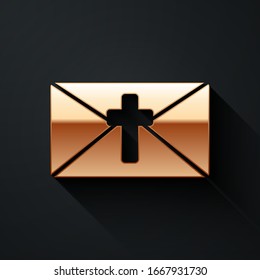 Gold Greeting card with Happy Easter icon isolated on black background. Celebration poster template for invitation or greeting card. Long shadow style. Vector Illustration