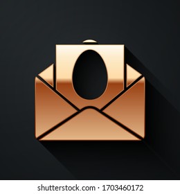 Gold Greeting card with Happy Easter icon isolated on black background. Celebration poster template for invitation or greeting card. Long shadow style. Vector Illustration