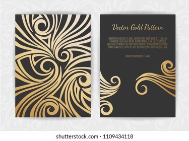 Gold greeting card on a black background. Luxury ornament template