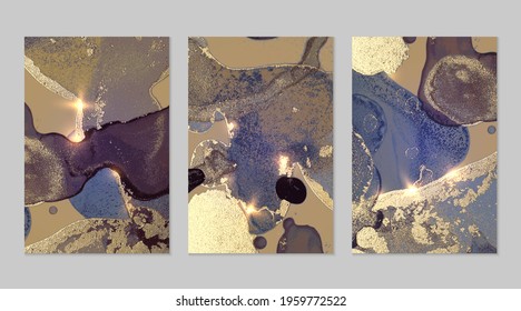 Gold, grey and purple pattern with texture of geode and sparkles. Abstract vector background in alcohol ink technique. Modern paint with glitter. Set of backdrops for banner, poster design. Fluid art