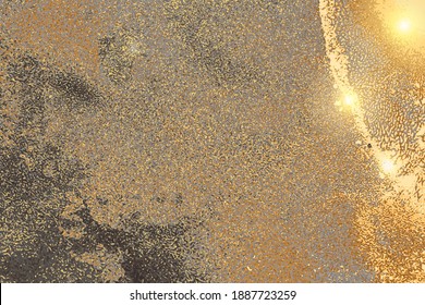 Gold and grey stone marble texture with glowing lights. Alcohol ink technique abstract vector background. Modern paint with glitter. Template for banner, poster design. Fluid art painting