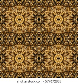 Gold grid on a black background. Vector seamless pattern with golden elements.
