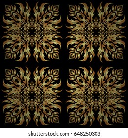 Gold grid on a black background. Vector seamless pattern with golden elements.