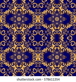Gold grid on a blue background. Vector seamless pattern with golden elements.