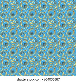 Gold grid on a blue background. Vector seamless pattern with golden elements.