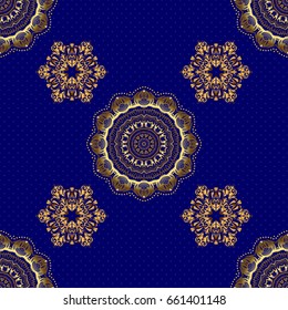 Gold grid on a blue background. Vector seamless pattern with golden elements.