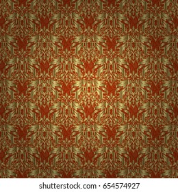 Gold grid on a brown background. Vector seamless pattern with golden elements.