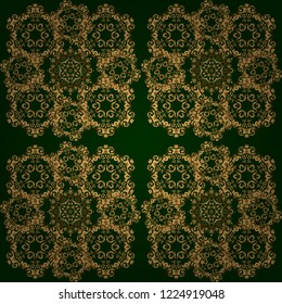 Gold grid on a green background. Vector seamless pattern with golden elements.