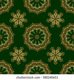 Gold grid on a green background. Vector seamless pattern with golden elements.