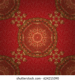 Gold grid on a red background. Vector seamless pattern with golden elements.