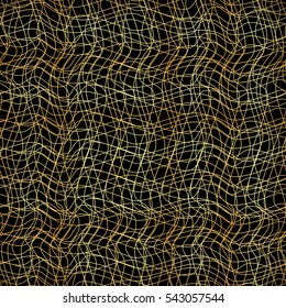 Gold grid pattern of curved lines, chaos, seamless vector background.