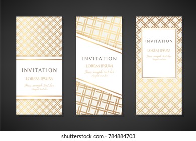 Gold gride. Invitation templates. Cover design with ornaments. Vector decorative flyers with copy space.