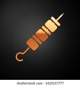 Gold Grilled shish kebab on skewer stick icon isolated on black background. Meat kebab on skewer stick. Picnic with grilled meat. Vector Illustration