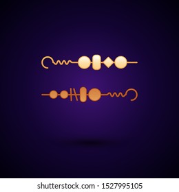Gold Grilled shish kebab on skewer stick icon isolated on dark blue background. Meat kebab on skewer stick. Picnic with grilled meat.  Vector Illustration