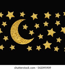 Gold gritter textured stars and crescent on black background. Art vector illustration. Starry Night.