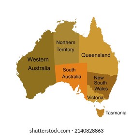 Gold ground Australian map vector silhouette illustration isolated on white background. Separated countries over Australia map. Continent symbol. Queensland map. New South Wales. Victoria. Tasmania. 