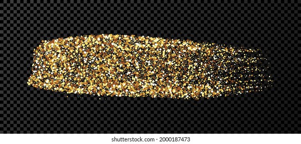 Gold grunge brush stroke. Painted ink stripe. Ink spot isolated on dark transparent background. Vector illustration