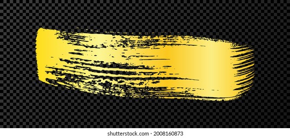 Gold grunge brush stroke. Painted ink stripe. Ink spot isolated on dark transparent background. Vector illustration